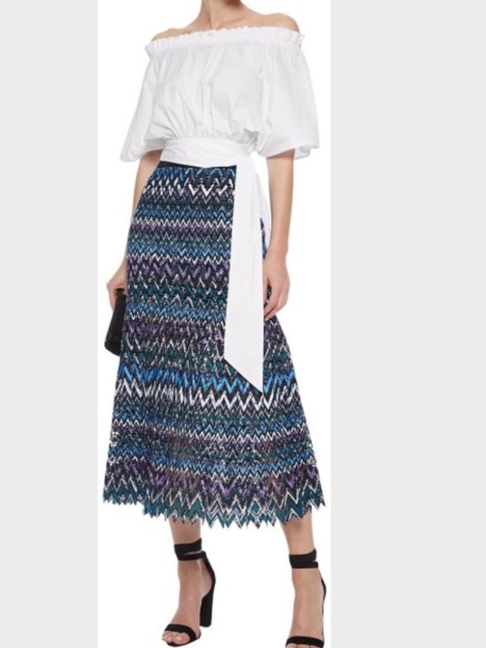 $580 Saloni Diana C Chevron Lace Midi Skirt Multicolor Size 6